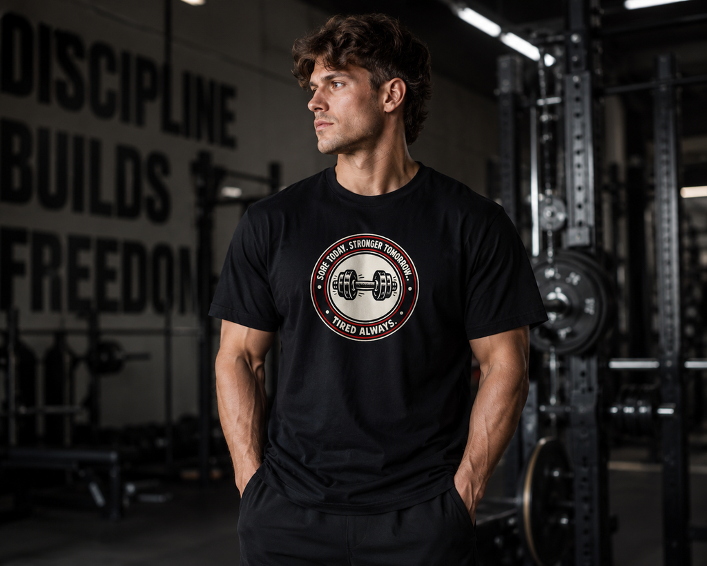 Sore Today. Stronger Tomorrow. Tired Always. – Gym Badge T-Shirt