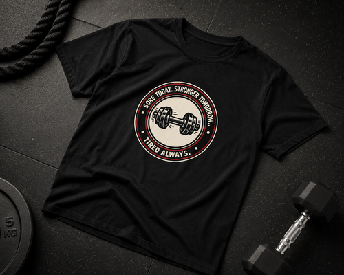 Sore Today. Stronger Tomorrow. Tired Always. – Gym Badge T-Shirt